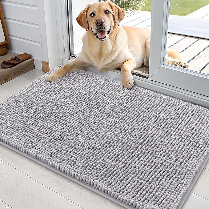 OLANLY Dog Door Mat for Muddy Paws 36x24, Absorbs Moisture and Dirt, Absorbent Non-Slip Washable Doormat, Quick Dry Chenille Mud Mat for Dogs, Entry Indoor Entryway Carpet for Inside Floor, Light Grey by OLANLY