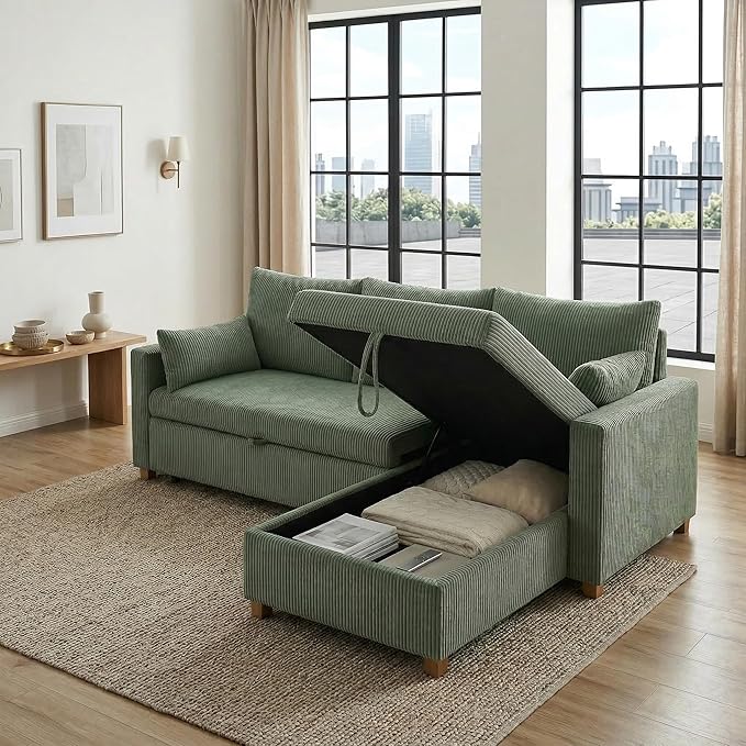 Casaphoria 85" Corduroy Sleeper Sofa with Pull Out Bed & Storage Chaise, L-Shaped Sectional Couch for Small Apartment, Living Room & Guest Room, 3-Seat Convertible Sofa Bed, Olive Drab