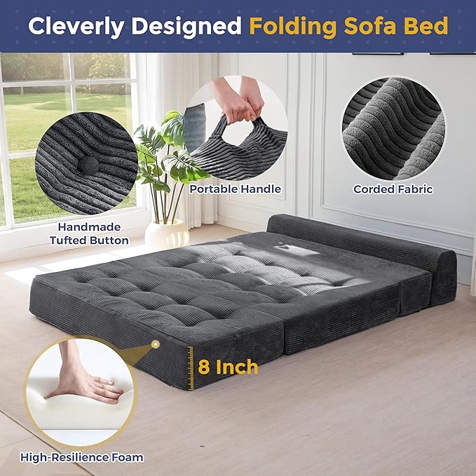 MAXYOYO 8" Folding Sofa Bed, Convertible Sleeper Sofa Lounger Foldable Mattress, Wedge Shape Floor Couch Tufted Fold Out Chair Bed Comfy Floor Couch Lounge for Living Room Bedroom, Loveseat, Dark Grey