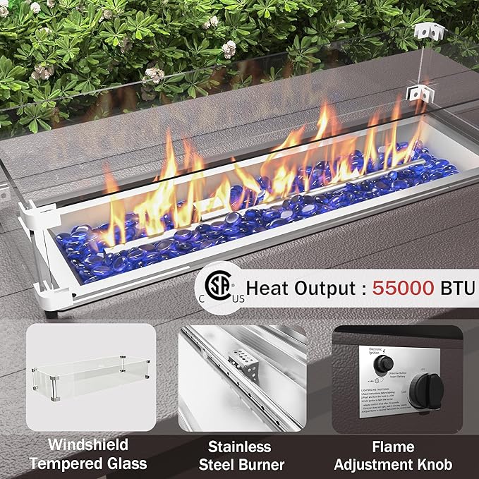 ALAULM Aluminum Patio Furniture Set with Propane Fire Pit Table 8-seat Metal Outdoor Furniture w/Fire Pit Patio Conversation Set w/5.1" Cushions for Patio, Backyard, Poolside-Black