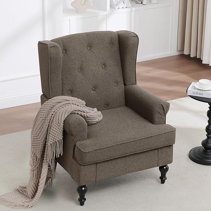 Accent Chair for Living Room, Mid Century Modern Upholstered Armchair, Wingback Chair with Tufted High Back and Solid Legs, Comfy Side Chairs Single Sofa for Bedroom, Brown