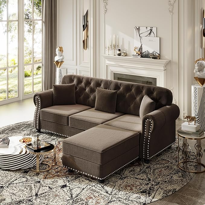 KEIKI 83" Velvet Chesterfield Sofa with Rolled Arms & Nailhead Trim & 1 Ottoman, Modern 3-Seater Button Tufted Couch with High Resilience Cushion & 3 Pillow, Easy Assembly, for Living Room, Brown
