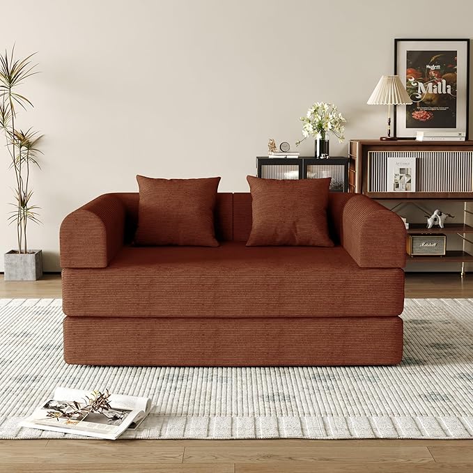 53.15'' Convertible Compressed Corduroy Folding Cloud Sofa Bed, Modern Boneless Pull Out Loveseat Sleeper in a Box, 4 in 1 Floor Mattress Futon Cloud Couch, No Assembly Needed, Orange, Pillows, Full