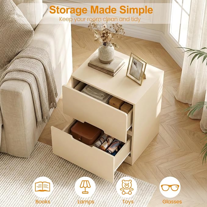 RoyalCraft Beige Nightstand with Drawers, Night Stand for Bedroom, Modern Bedside Table with Handless Design, Wood End Table for Living Room, Hallway - Image 3