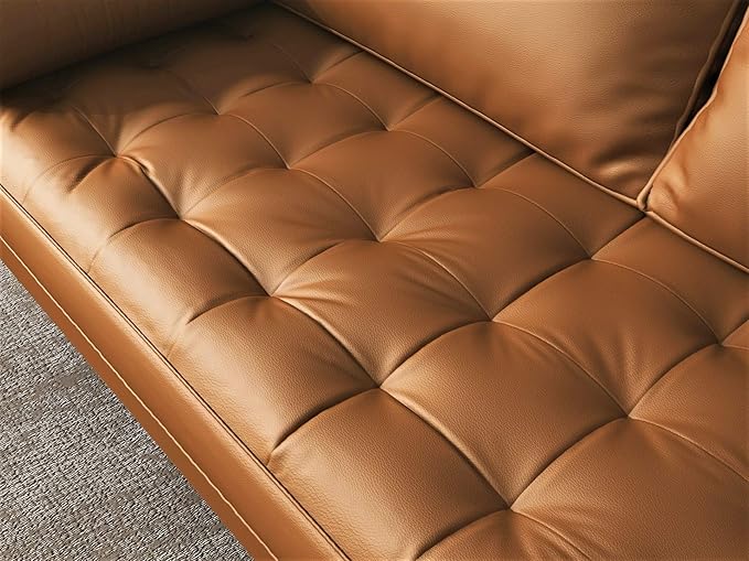 Womble Mid Century Modern Couch with Bolster Pillows, PU Leather Upholstered Tufted Seat, Versatile Retro Design for Comfortable Living Spaces, Sofa, Brown
