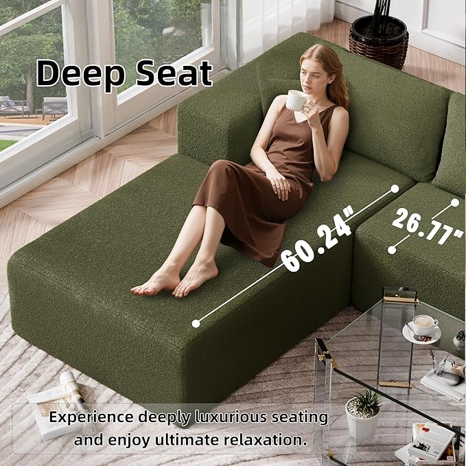 105" Cloud Sectional Couch with L-Shape Chaise,Modern Modular Sofa with Deep Seat, Fluffy Boneless Couches for Living Room Bedroom,No Assembly Required, Green (Plush Wool Fabric)