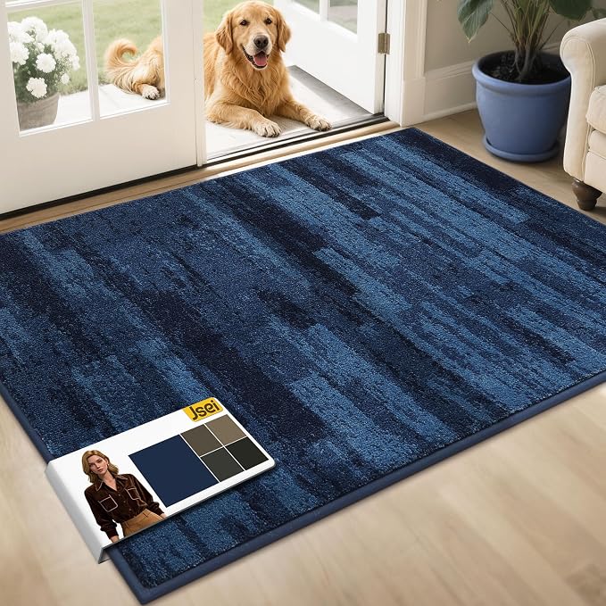 JSEI Dirt Trapper Door Mat 32"x48", Non-Slip Doormats Washable Entryway Mat, Welcome Floor Mat Absorbent Low Profile Dog Door Mats for Front Back Door, Wet Shoes & Paws, Blue by JSEI