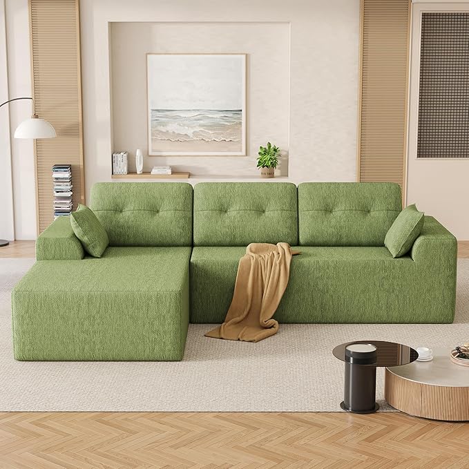 Ball & Cast 106" Modular Sectional Sofa,Cloud Chenille Couch with Deep Seat,Boneless L-Shaped Sectional,Modern Comfort Upholstered Sofa for Living Room,No Assembly Required (Green, Left Facing Chaise)