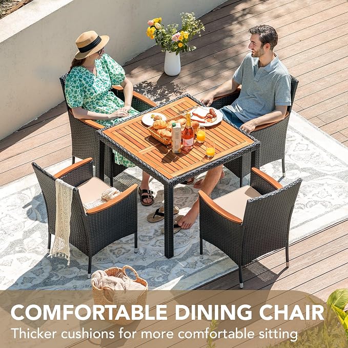 Devoko 5 PCS Furniture, Patio Conversation Set with Acacia Wood Top, Rattan Outdoor Dining Table and Chairs for Backyard, Garden, Deck, Black - Image 3