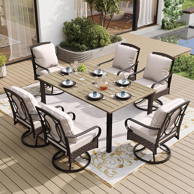 SUNSHINE VALLEY 7 Piece Patio Dining Sets for 6, Outdoor Table and Chairs with Cushioned Wicker Swivel Patio Chairs & Wood-Like Dining Table (1.61-2”Umbrella Hole), Outdoor Dining Sets for Backyard by SUNSHINEVALLEY