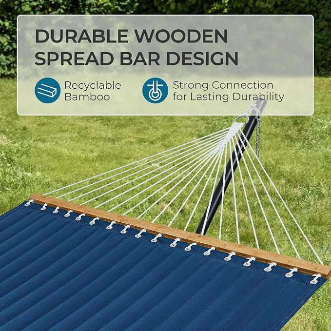 SUPERJARE Hammock with Stand, 2 Person Quilted Outdoor Hammock, Detachable Pillow & Bamboo Spreaders, Portable Hammock with Carrying Bag, Heavy Duty Stand, Perfect for Outside, Patio, Navy Blue - Image 4