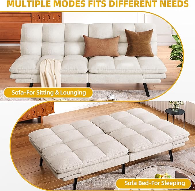 DWVO 70" Convertible Futon Sofa Bed, Folding Futon Set for Living Room Home Office Aprtment, Modern Futon Couch with Adjustable Backrest & Armrests, Recliner Lounge, Loveseat Sofa