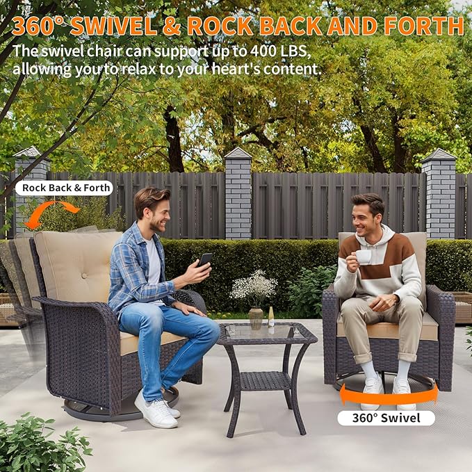 Gotland Outdoor Swivel Chairs Set of 2, 3 Pieces Patio Furniture Set with Thick Cushion, Wicker Rocking Patio Chairs Set of 2, Patio Bistro Set with Double-Layer Coffee Table for Balcony Porch Khaki - Image 5