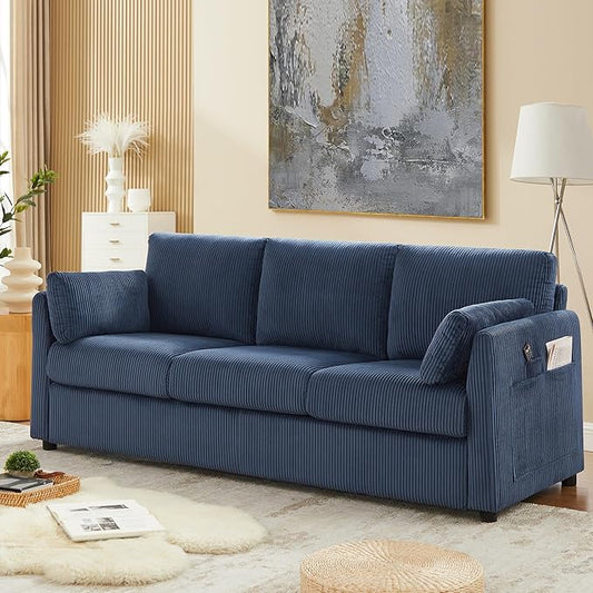 3 Seater Couches for Living Room, 79" Modern Corduroy Sofa with 2 Pillows and Storage Pockets, Comfy Upholstered Couches for Apartment, Small Spaces, Home Office, Navy Blue