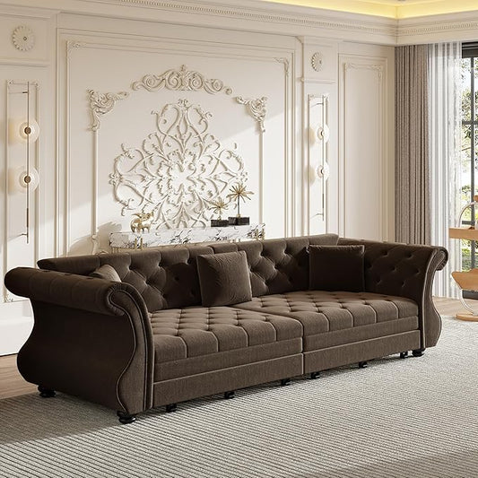Eafurn Oversized 4-Seater Chesterfield Loveseat Convertible King Size Sleeper Couch Bed,Classic Tufted Velvet Pull Out Loveseat Sofa Bed with Roll Armrest and Solid Wood Legs