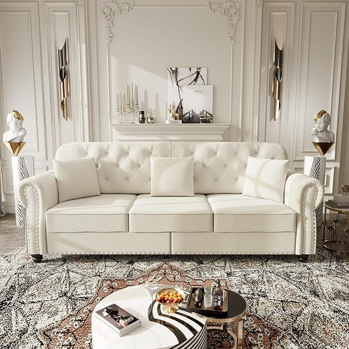 KEIKI 83" Velvet Chesterfield Sofa with Rolled Arms & Nailhead Trim & 2 Ottoman, Modern 3-Seater Button Tufted Couch with High Resilience Cushion & 3 Pillow, Easy Assembly, for Living Room, White