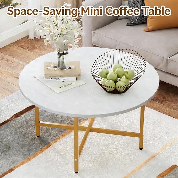 Coffee Table, 23.6" Coffee Tables for Living Room, Round Coffee Table with Metal Frame, Floor Table for Sitting on The Floor, Home, Office, White & Gold Legs