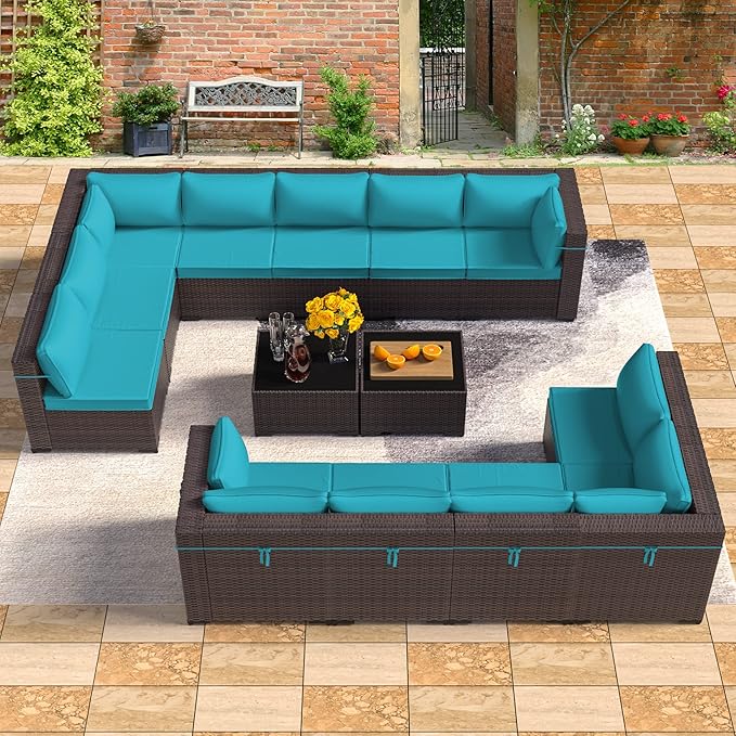 14 Pieces Outdoor Patio Furniture Set,Outdoor Sectional Furniture All Weather PE Rattan Wicker Patio Conversation Set with 2 Coffee Tables and 12 Thickened Cushions,Turquoise Blue