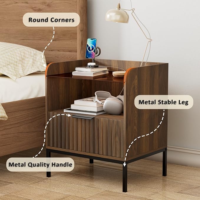 HQZX Nightstand Set of 2 with Charging Station, Mid Century Modern Night Stand, Fluted Bedside Table with Glass Top & Metal Legs, Wood End Table for Bedroom, Living Room (Walnut) - Image 6