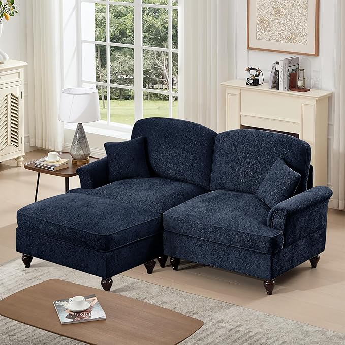 KEIKI Mid Century Modular Sofa with Flared Arms and Skirted Design, 76" Loveseat with Ottoman Chenille L-Shaped Sectional Couches for Living Room, Small Home Soft Chaise Lounge Indoor, Blue