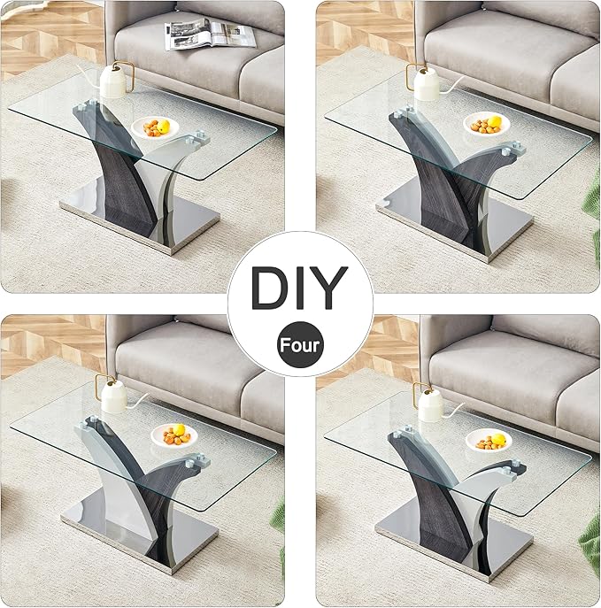Rectangular Glass Coffee Table for Living Room, 39" Modern Clear Center Table, Tempered Glass Living Room Table with Wood Grain Textures Base