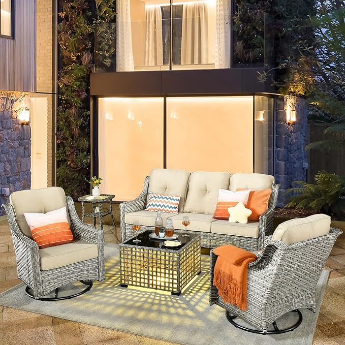 HOOOWOOO 5 Piece Patio Furniture Conversation Sets with Swivel Rocking Chairs,Outdoor Wicker Furniture with LED Tablet,All Weather Resistant High Back Rattan Conversational Set(Beige Tan)