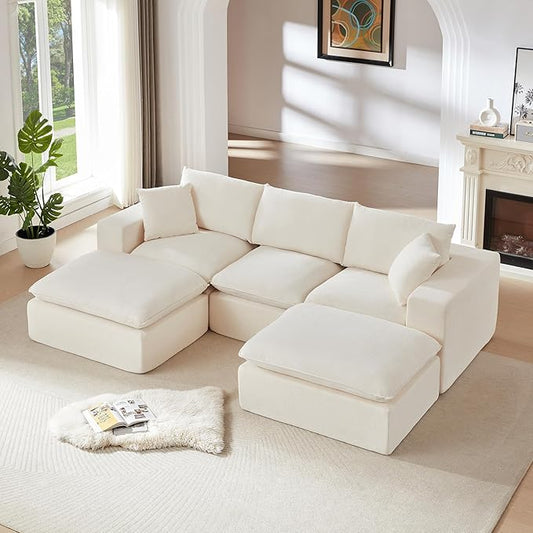 Cloud Modular Sectional Couches Boneless Sofa for Living Room, Oversized U Shaped Floor Couch with Movable Ottomans, Memory Foam Compressed 4 Seater Sofa for Bedroom Apartment | Plush, Wider Armrest, Free Combination