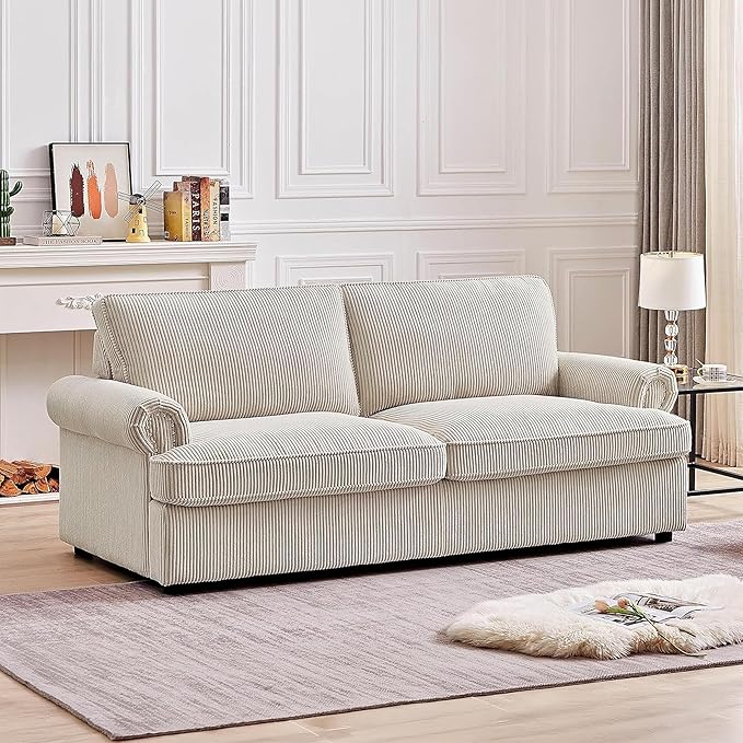 Reversible Sleeper Sofa Bed with Comfortable Memory Foam Mattress, Convertible Corduroy Full Size Pull Out Couch for Living Room, Space Saving Furniture, 76" Wide, Rounded Arms, Ivory