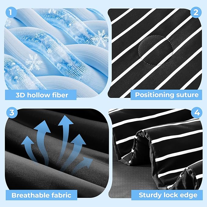 Pinstripe Cooling Comforter Queen Size, Q-Max 0.45 Reversible Striped Cooling Blanket for Hot Sleepers, Breathable Lightweight Silk Smooth Summer Bedding, Quilted Ice Blanket, Black