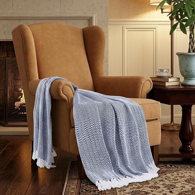 Americanflat 50x60 Throw Blanket - Soft and Breathable Cotton Throw Blanket for Couch, Bed, Chair - Decorative Blankets Perfect for Home, Office, or Outdoor Use - Blue and White Herringbone Design