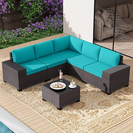 Gotland 6 Pieces Patio Furniture Set with 1 Coffee Table, 5 Seater Rattan Outdoor Sectional with Wide Armrests 29.5'' High Backrest Thick Cushions, Conversation Sets for Deck Garden Greenblue