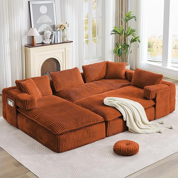 149" Oversized U Shaped Cloud Modular Sectional Sofa Boneless Couch with Double Chaise,Free Combination Convertible Floor Sofa Bed with Storage Pockets and Pillows | No Assembly