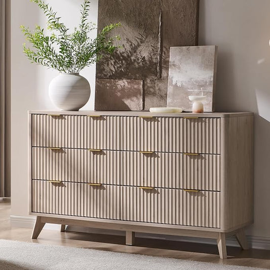T4TREAM Fluted 6 Drawers Dresser, 54" Wide Modern Chest of Drawers, Curved Profile Design, Dresser TV Stand, Wood Drawer Organizer for Bedroom, Living Room, Hallway, White Alder by T4TREAMFurniture