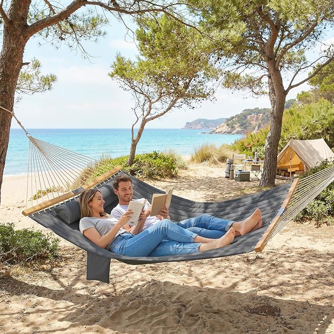 Outsunny Outdoor Hammock, 2-Person Hammock with Head Pillow and Pad, Wood Spreader Bars, 440 lbs Capacity, for Patio Yard Garden, 128" x 55", Gray - Image 9