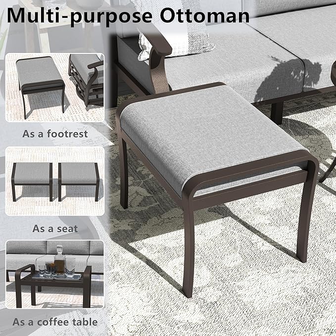 ALAULM Aluminum Patio Furniture Set with 2 Swivel Chairs 9-seat Metal Outdoor Furniture Patio Sectional Sofas Patio Conversation Set w/2 Ottomans for Patio, Backyard, Poolside-Grey