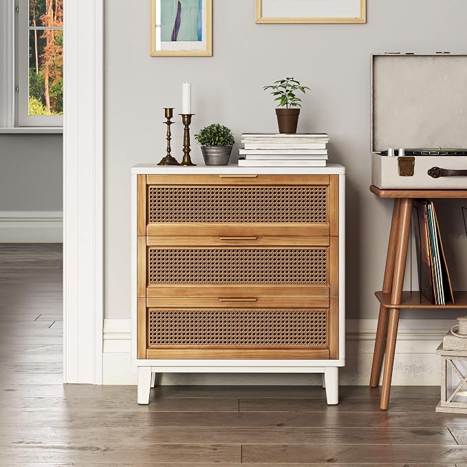 COZAYH Farmhouse 3-Drawer Nightstand, Rattan Cane Front Accent Dresser with Brass Pull, Distressed White by COZAYH