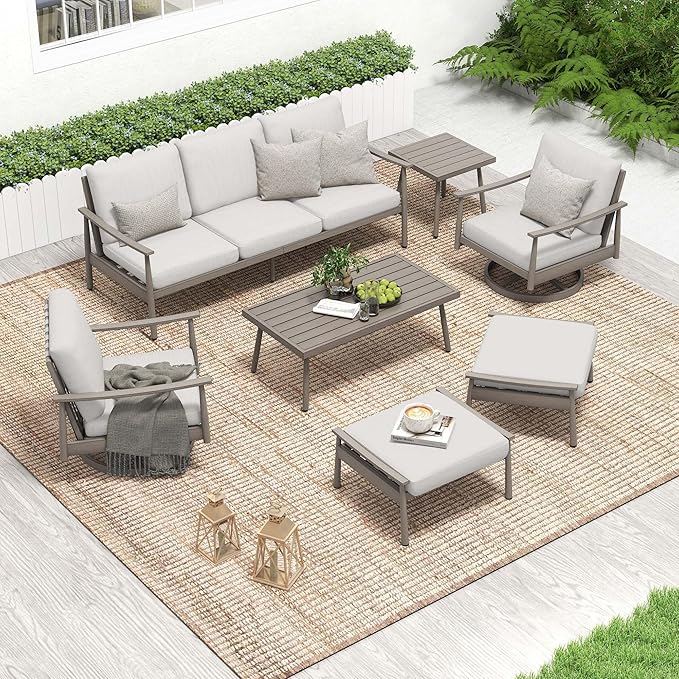 HAPPATIO Patio Outdoor Furniture Set - 7 Pieces Aluminum Outdoor Conversation Set Includes 1 Three-Seater Sofa, 1 Side Table, 1 Coffee Table, 2 Swivel Chairs and 2 Ottomans for Porch, Lawn (Grey)