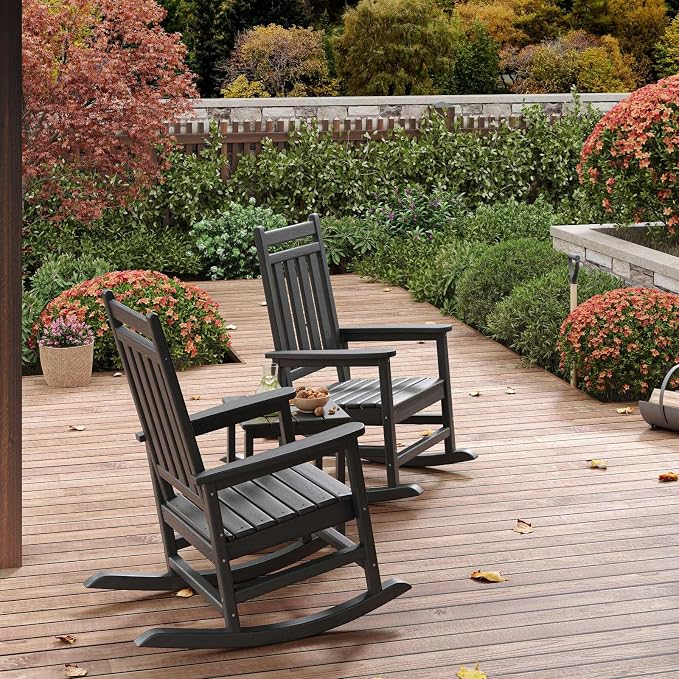 Garvee HDPE Rocking Chair Outdoor Set of 4 - Poly High Back Porch Rocker Chairs for Adults - All Weather Resistant Furniture for Patio Front Porch - Black - Image 7