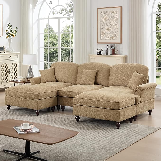 KEIKI Mid Century Modular Sofa with Flared Arms and Skirted Design, 107” Oversized 3-Seater with 2 Ottomans Chenille U-Shaped Sectional Couches for Living Room, Chaise Lounge Indoor, Light Coffee