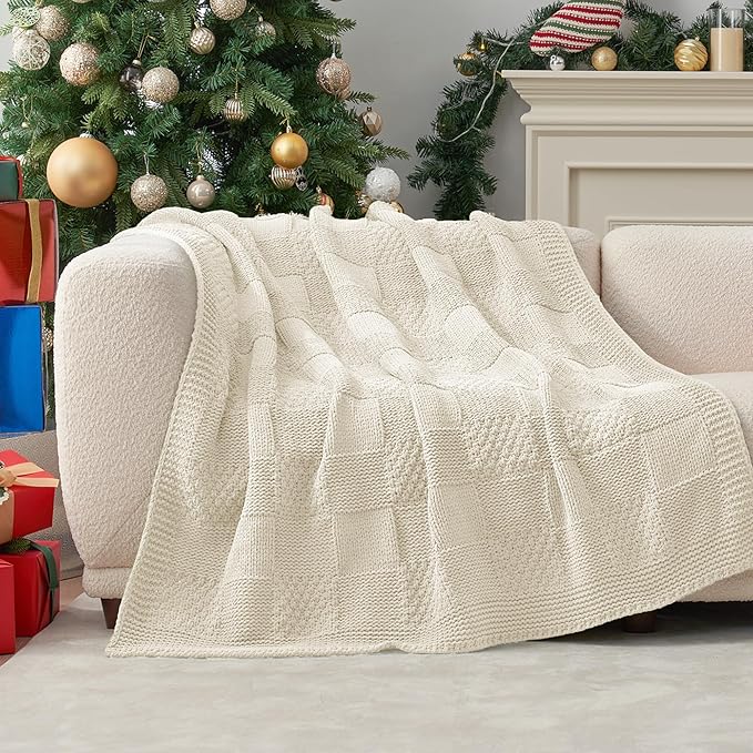 Amélie Home Knit Throw Blanket, Soft Chenille Cozy Breathable Checkered Chunky Decorative Blanket for Couch, Bed & Sofa, French-Inspired Lightweight Warm Gift for Women, Ivory, 50"x60"