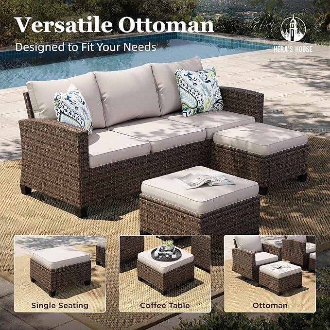 HERA'S HOUSE Swivel Glider Patio Furniture Set, 7 Pieces Wicker Outdoor Seating Furniture, Patio Conversation Sofa Sets for Lawn Backyard Deck, Beige