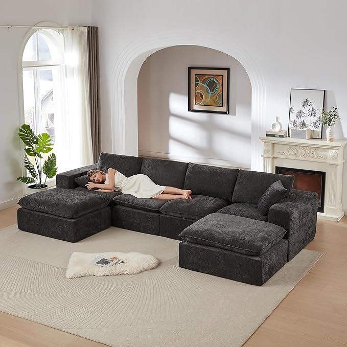 Cloud Modular Sectional Couches Boneless Sofa for Living Room, 138" Oversized U Shaped Corner Couch with Movable Ottomans, Memory Foam Compressed 6 Seater Sofa for Living Room | Plush, Wider Armrest, Free Combination