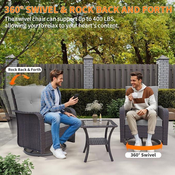 Gotland Outdoor Swivel Chairs Set of 2, 3 Pieces Patio Furniture Set with Thick Cushion, Wicker Rocking Patio Chairs Set of 2, Patio Bistro Set with Double-Layer Coffee Table for Balcony Porch Gray - Image 6