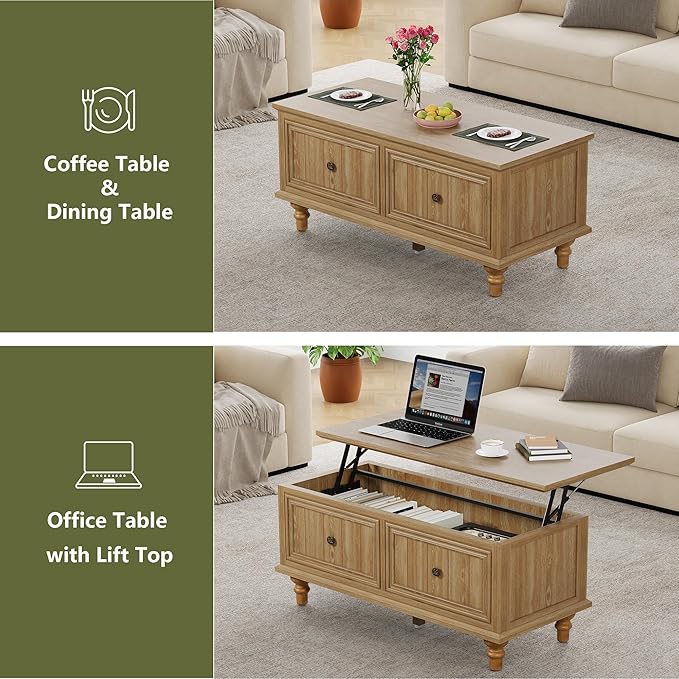 39" Lift Top Coffee Table, Wood Center Table with Storage, Retro Coffee Tables Rectangular Dining Table for Living Room Home Office Small Space (Natural)