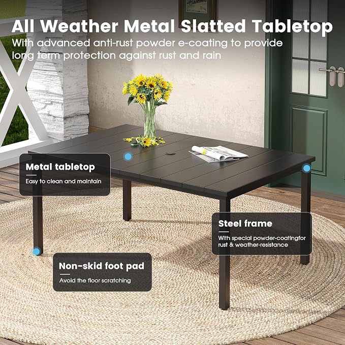 DIFY 7 Pieces Outdoor Patio Dining Set for 6, 63" Black Rectangle Metal Dining Table and 6 Red Stackable Sling Dining Chairs, Outdoor Table and Chairs for Lawn Garden Backyard Deck - Image 2