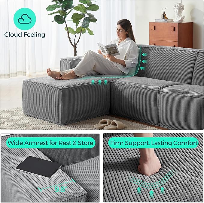 LINSY HOME Modular Sectional Sofa, 105" Boneless Couch L Shaped 3-Seat Sofa with Movable Ottoman, Corduroy Sectional Cloud Couches for Living Room, No Assembly Required, Bluish Grey