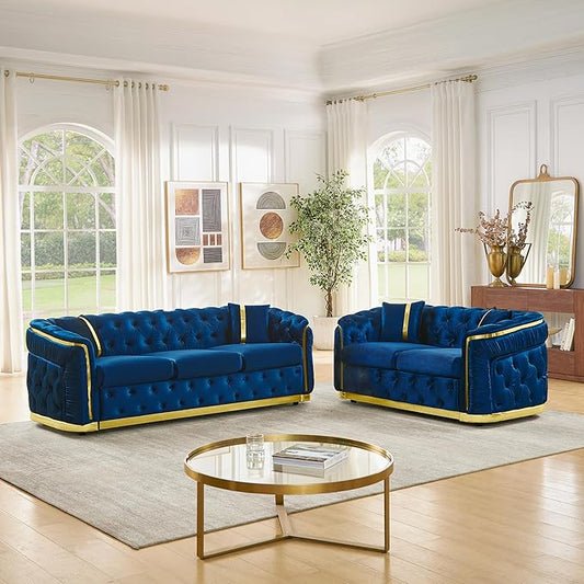 KEIKI 2-Piece Luxury Chesterfield Sofa Set with 1 Velvet 3-Seater Sofa & 1 Loveseat Sofa, 5-Seater Couch Set with 4 Pillow, Gold Stainless Decoration and Rolled Arms, for Living Room, Navy
