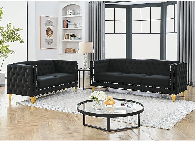 KEIKI Tufted Velvet 3+2 Seat Sofa Couch for Living Room, Buttons Tufted Square Arm Couch for Home Apartment, Black