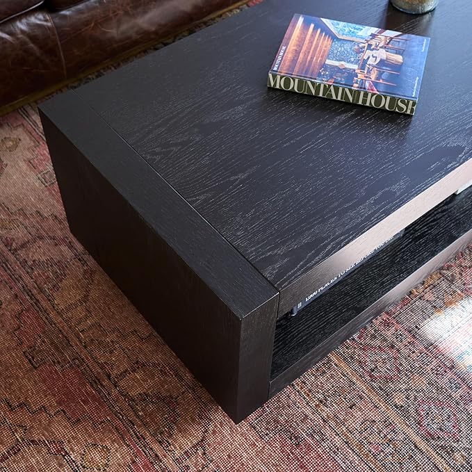Maven Lane Artemis Coffee Table – 18 Inch Rectangle Table with Storage – Black Solid Wood – Ideal for Living Room and Lounge