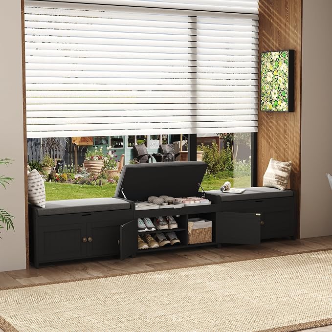 HOMEFORT 30" Shoe Bench with Lift Top Storage, Entryway Bench with Cushioned Seat, Wooden End of Bed Bench, Shoe Cabinet Bench with Hidden Storage Space, for Bedroom, Hallway,Black - Image 5